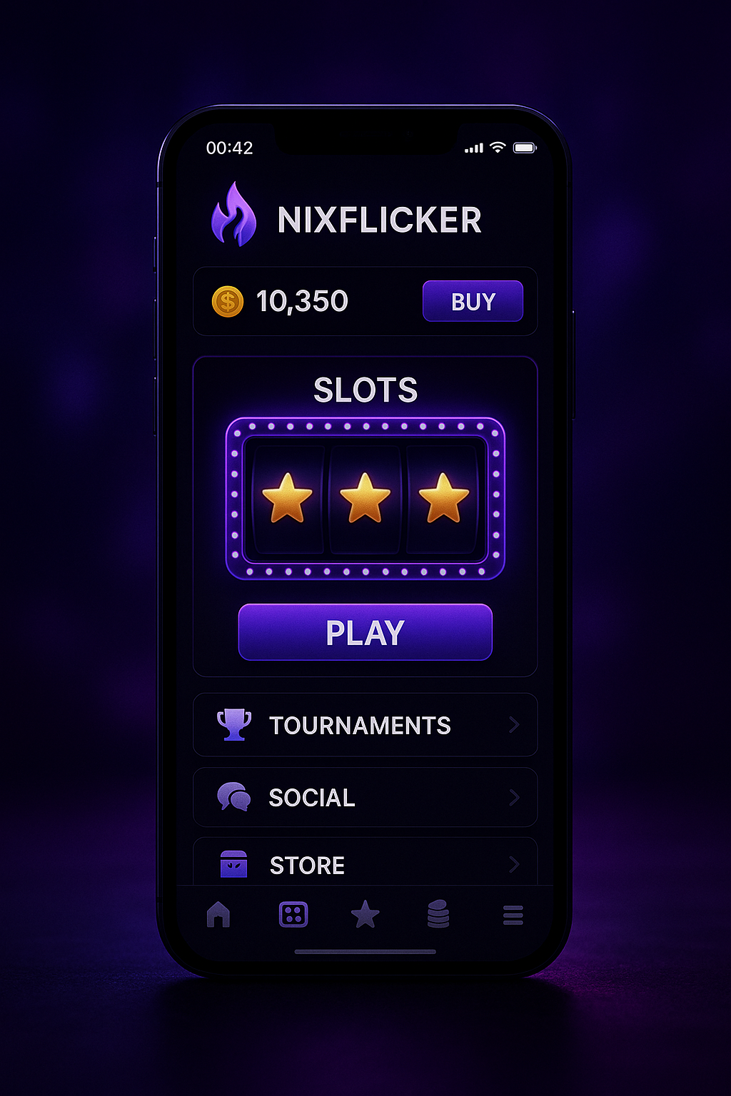 Interface du social casino Nixflicker affichée sur smartphone